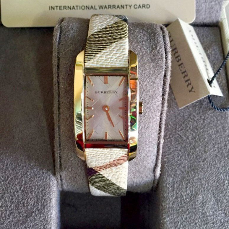 Burberry Pioneer Gold Dial Haymarket Leather Watch for Women - BU9509