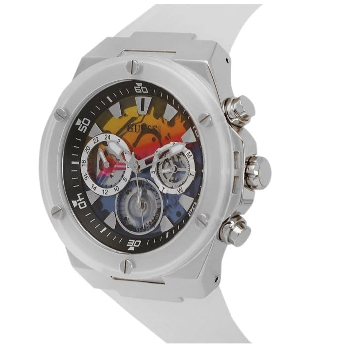 Guess Poseidon Chronograph Rainbow Dial White Silicone Strap Watch For Men - GW0425G4